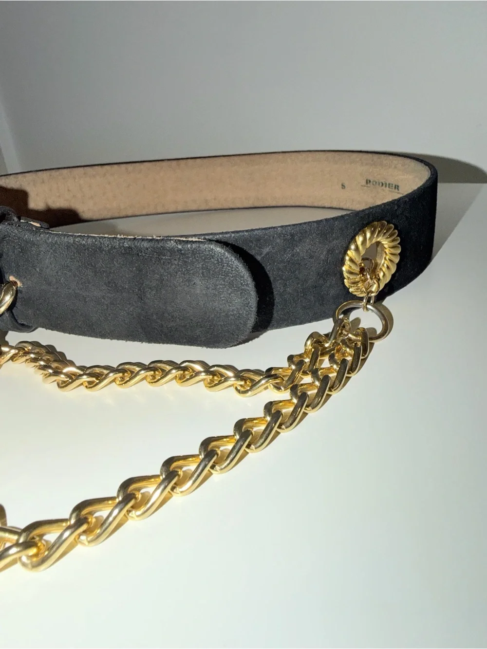 Vtg Rodier Black Genuine Leather Suede Belt with Gold Chain Accent, Sz S